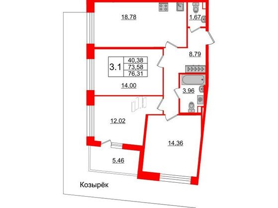 Продажа 3-комнатной квартиры 73,6 м², 2/12 этаж