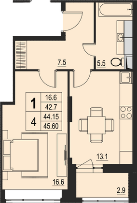 Продажа 1-комнатной квартиры 44,2 м², 14/17 этаж