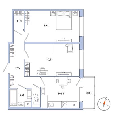 Продажа 2-комнатной квартиры 59 м², 6/7 этаж