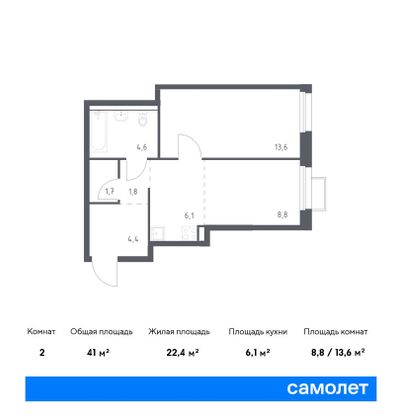 41 м², 1-комн. квартира, 23/25 этаж