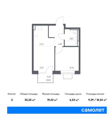 35,2 м², 1-комн. квартира, 6/12 этаж