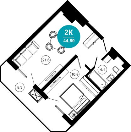 44,8 м², 2-комн. квартира, 3/10 этаж