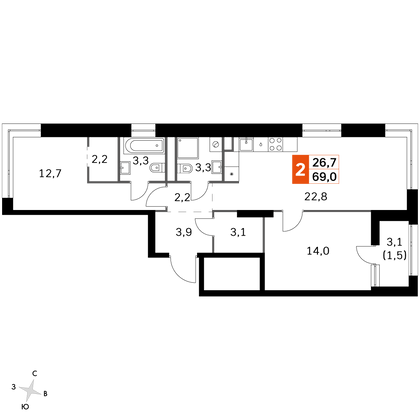 69,6 м², 3-комн. квартира, 8/44 этаж