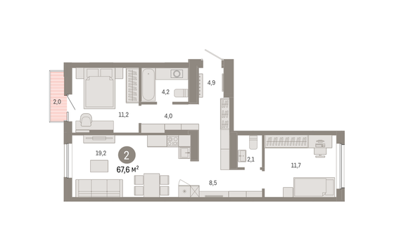 67,6 м², 2-комн. квартира, 6/9 этаж