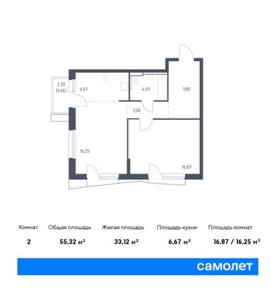 55,3 м², 1-комн. квартира, 9/17 этаж