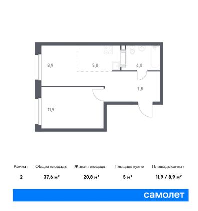 37,7 м², 2-комн. квартира, 6/14 этаж