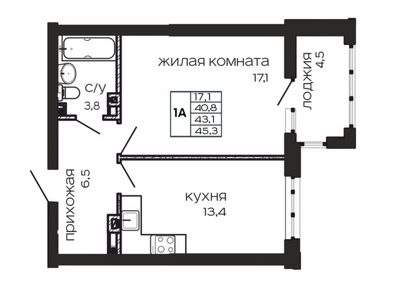 45,3 м², 1-комн. квартира, 17/17 этаж