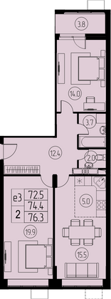 74,4 м², 3-комн. квартира, 2/17 этаж