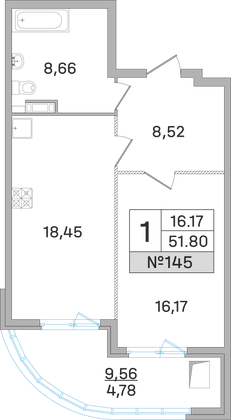 51,8 м², 1-комн. квартира, 18 этаж