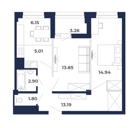 61,1 м², 3-комн. квартира, 5/9 этаж