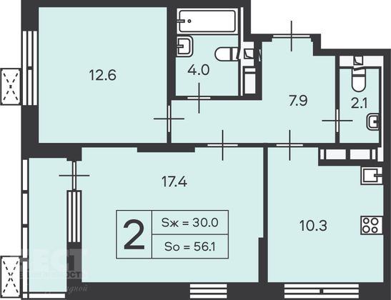 Продажа 2-комнатной квартиры 56,1 м², 8/13 этаж