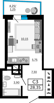 28,1 м², студия, 19/21 этаж