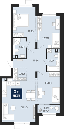 91,5 м², 3-комн. квартира, 2/25 этаж