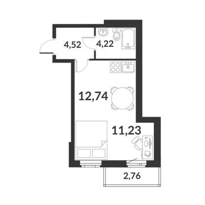 33,5 м², 1-комн. квартира, 2/12 этаж