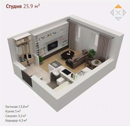 Продажа квартиры-студии 25,2 м², 5/9 этаж