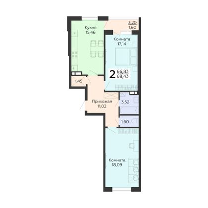 Продажа 2-комнатной квартиры 68,4 м², 4/16 этаж