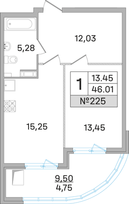 46 м², 1-комн. квартира, 6 этаж