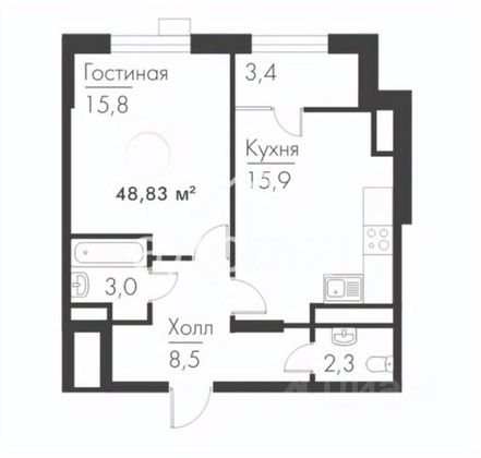 Продажа 1-комнатной квартиры 48,8 м², 17/19 этаж