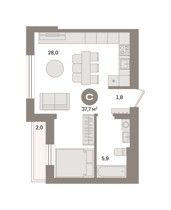 37,7 м², студия, 9/9 этаж