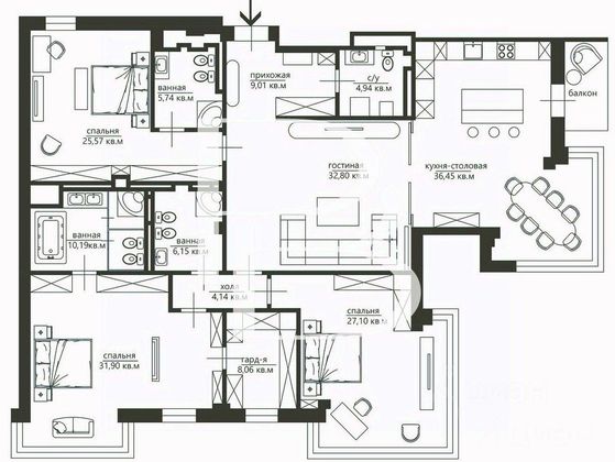 Продажа 4-комнатной квартиры 206,5 м², 6/8 этаж