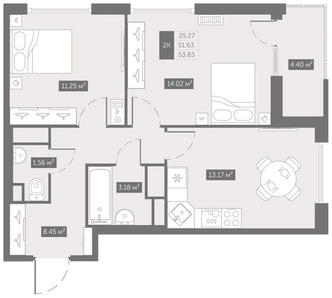 53,8 м², 2-комн. квартира, 7/10 этаж