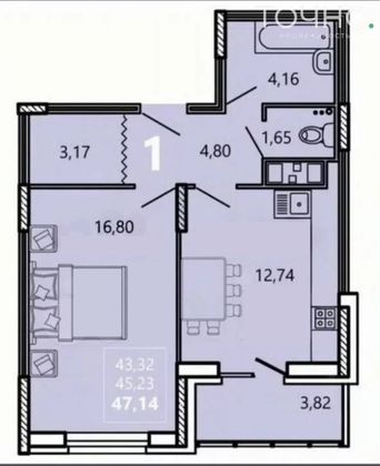 Продажа 1-комнатной квартиры 43,3 м², 6/16 этаж