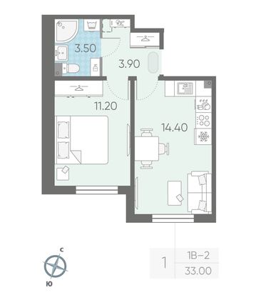 Продажа 1-комнатной квартиры 33 м², 1/16 этаж