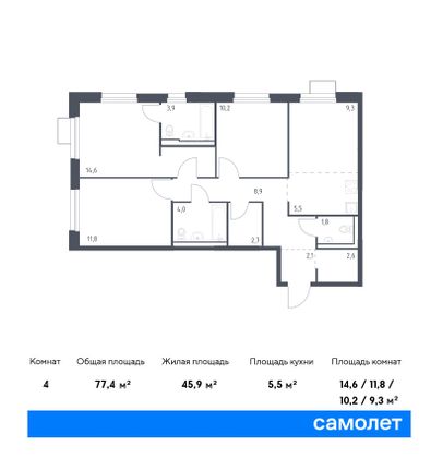 77,4 м², 3-комн. квартира, 11/25 этаж