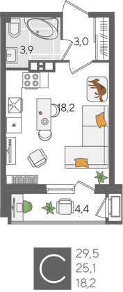 Продажа квартиры-студии 29,5 м², 3/24 этаж