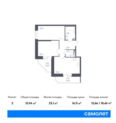 51,9 м², 2-комн. квартира, 10/23 этаж