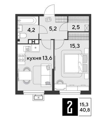 Продажа 1-комнатной квартиры 40,8 м², 5/9 этаж