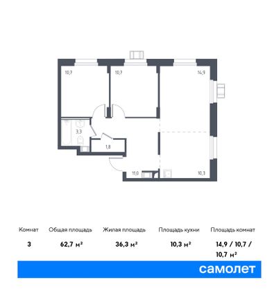 62,7 м², 2-комн. квартира, 13/17 этаж