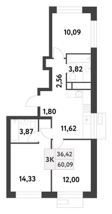 60,1 м², 3-комн. квартира, 7/16 этаж