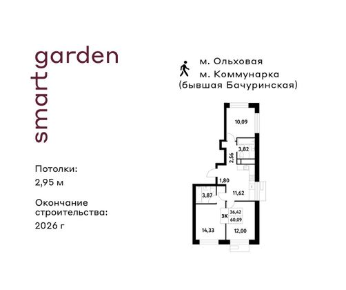 60,1 м², 3-комн. квартира, 7/16 этаж