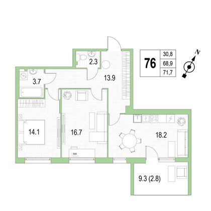 Продажа 2-комнатной квартиры 71,7 м², 3/4 этаж