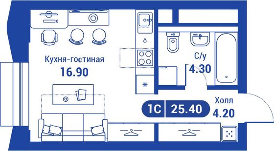 25,4 м², 1-комн. квартира, 23/26 этаж