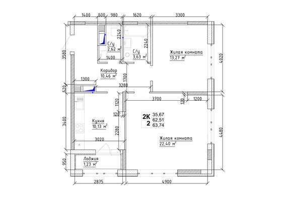 63,7 м², 2-комн. квартира, 2/15 этаж