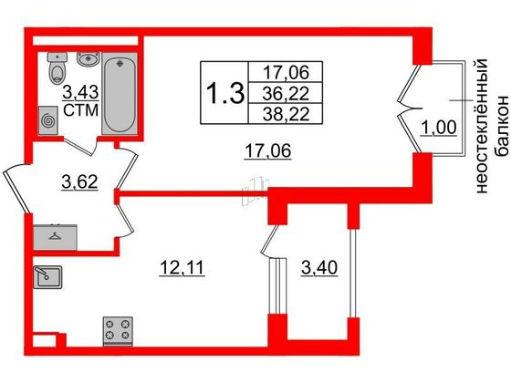 Продажа 1-комнатной квартиры 36,2 м², 2/4 этаж