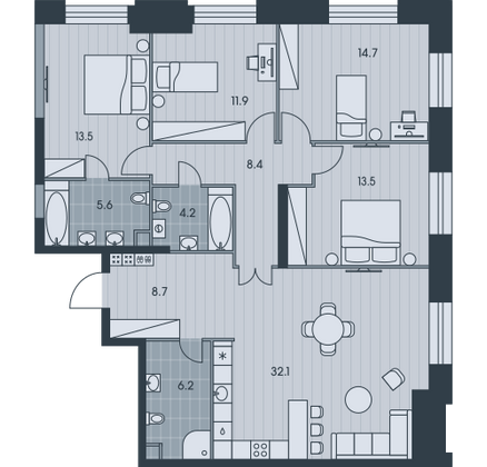 118,8 м², 5-комн. квартира, 23/34 этаж