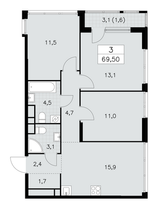 69,5 м², 3-комн. квартира, 29/30 этаж