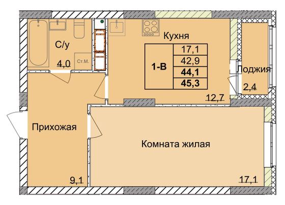 Продажа 1-комнатной квартиры 44,1 м², 8/18 этаж