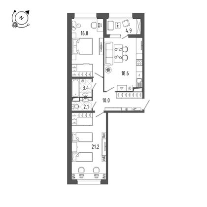 75 м², 2-комн. квартира, 1/10 этаж