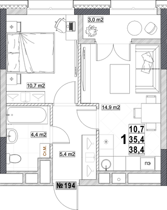 Продажа 1-комнатной квартиры 38,4 м², 7/24 этаж