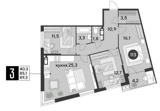89,3 м², 3-комн. квартира, 13/18 этаж