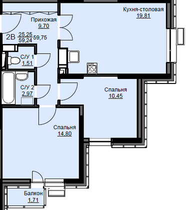 Продажа 2-комнатной квартиры 59,8 м², 4/17 этаж