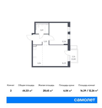 44,3 м², 1-комн. квартира, 2/12 этаж