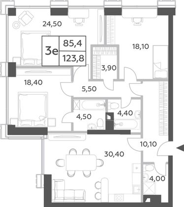 123,8 м², 4-комн. квартира, 47/52 этаж
