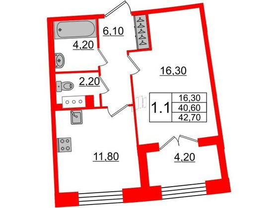 Продажа 1-комнатной квартиры 40,6 м², 6/8 этаж