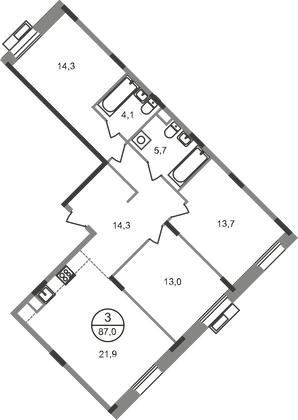 87 м², 3-комн. квартира, 2/9 этаж