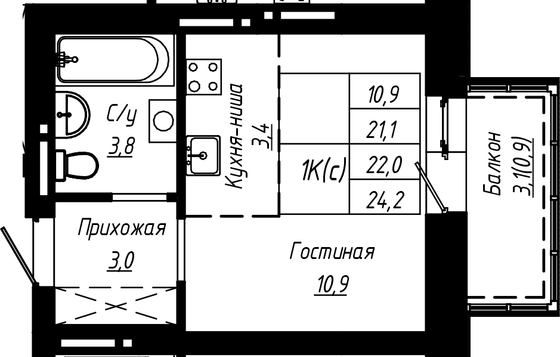 Продажа 1-комнатной квартиры 22 м², 13/16 этаж